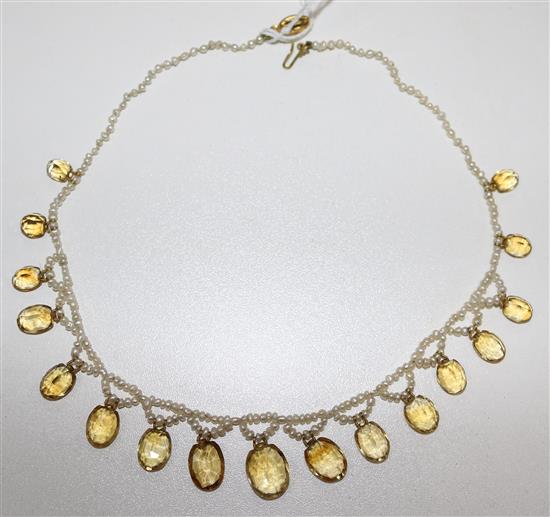 A mid 20th century seed pearl and citrine choker fringe necklace, 14.5in.